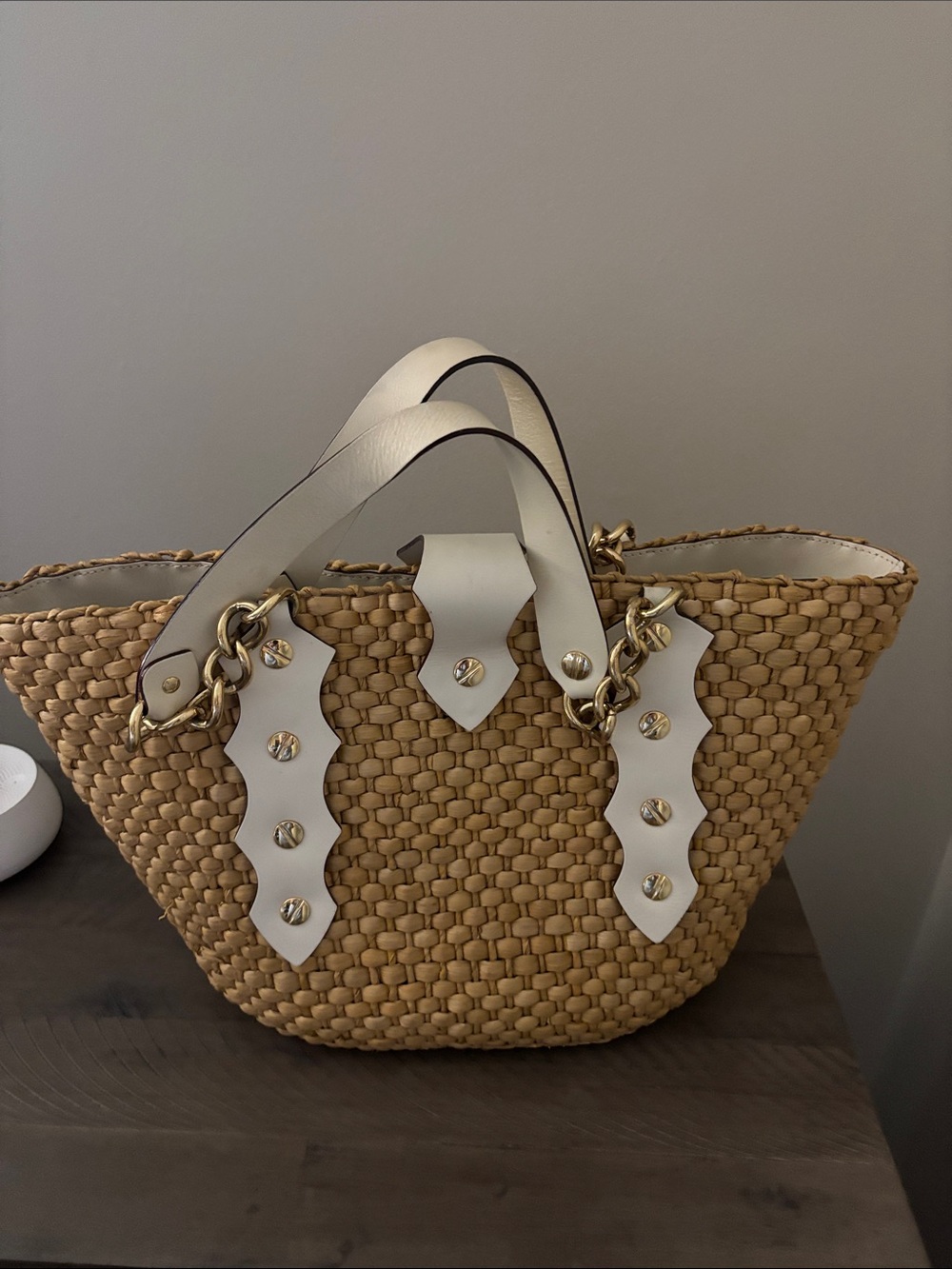 Michael Kors Woven Straw Tote with White Leather Trim and Gold Hardware - Picture 3 of 4